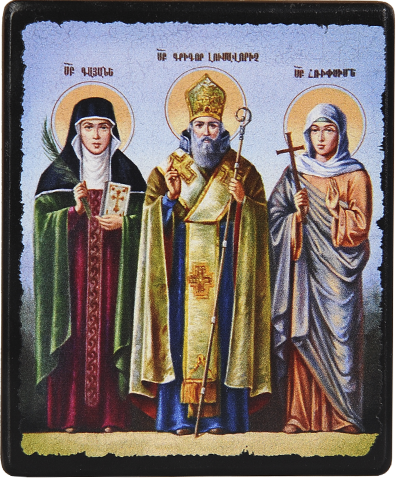 Icon "Saints Gayane, Gregory the Illuminator, Ripsime" on a wooden base