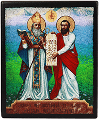 Icon "Saint Saak Parthev and Saint Mesrop Mashtots" on a wooden base, 12 x 10