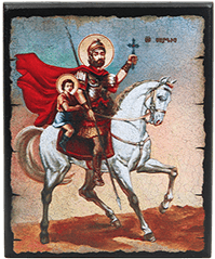 Icon "Military leader Saint Sarkis and Saint Martiros" on a wooden base, 12 x 10