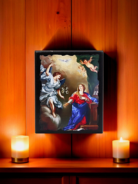 Icon "Annunciation of the Virgin Mary" on a wooden base
