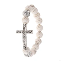 A white stone bracelet with a cross