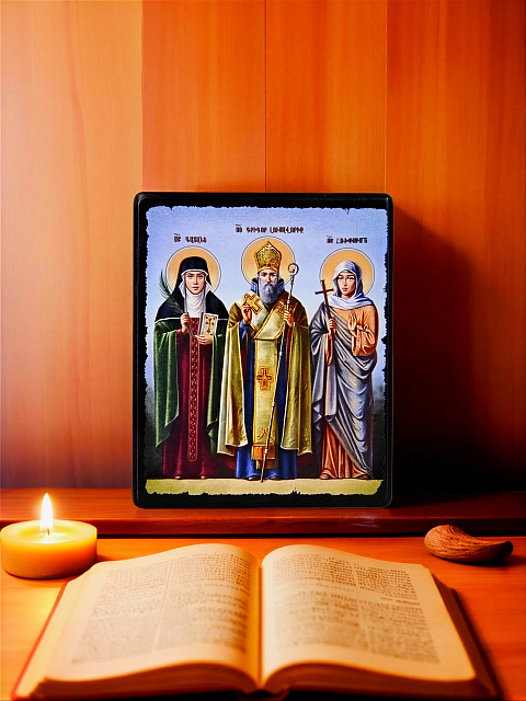 Icon "Saints Gayane, Gregory the Illuminator, Ripsime" on a wooden base