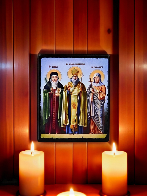 Icon "Saints Gayane, Gregory the Illuminator, Ripsime" on a wooden base