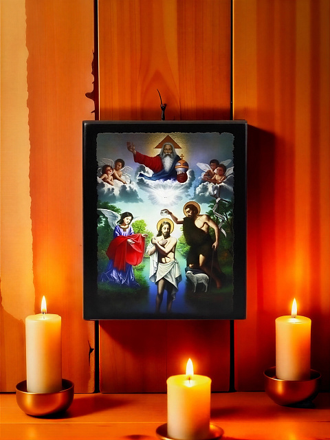 Icon "The Baptism of Jesus Christ" on a wooden base