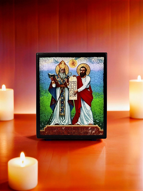 Icon "Saint Saak Parthev and Saint Mesrop Mashtots" on a wooden base