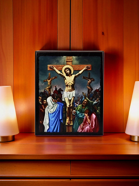 Icon "Crucifixion of Jesus Christ" on a wooden base