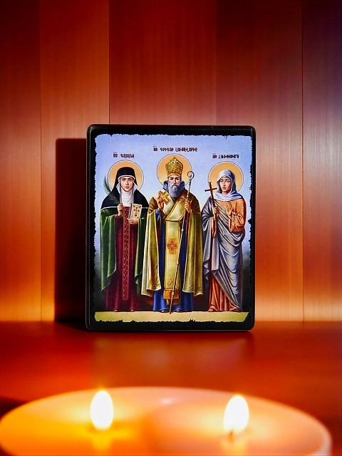 Icon "Saints Gayane, Gregory the Illuminator, Ripsime" on a wooden base