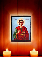 Icon "Saint Panteleimon" on a wooden base