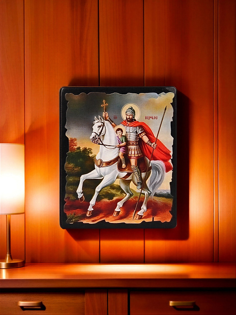 Icon "Military leader Saint Sarkis and Saint Martiros" on a wooden base