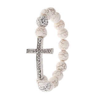 A white stone bracelet with a cross