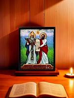 Icon "Saint Saak Parthev and Saint Mesrop Mashtots" on a wooden base