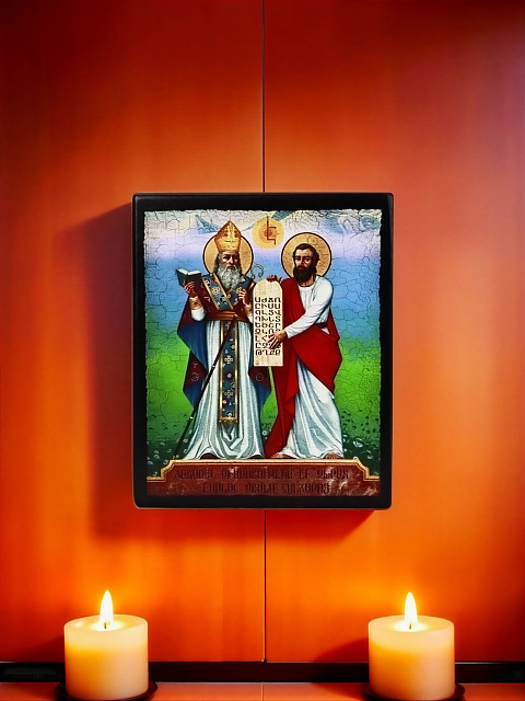 Icon "Saint Saak Parthev and Saint Mesrop Mashtots" on a wooden base