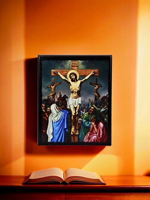 Icon "Crucifixion of Jesus Christ" on a wooden base