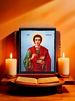 Icon "Saint Panteleimon" on a wooden base