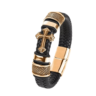 Leather bracelet with a cross (gold color)